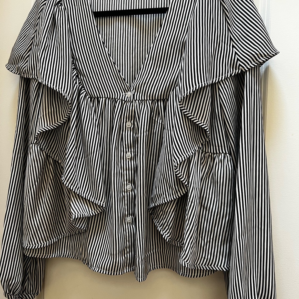 Modern Black and White Striped Ruffle Blouse